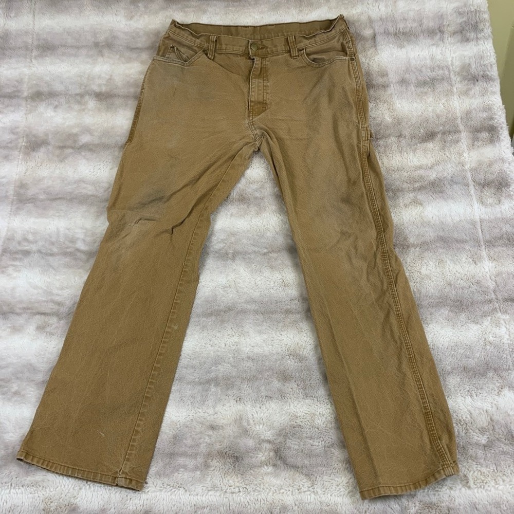 Genuine Dickies Mens Carpenter Pants 34x32 Brown Duck Canvas Workwear Distressed